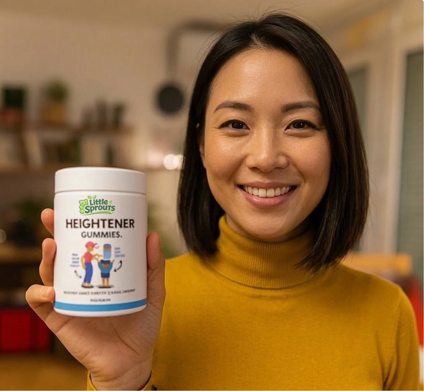 Woman holding a container of 'Little Scholars Heightener Gummies' in a kitchen setting