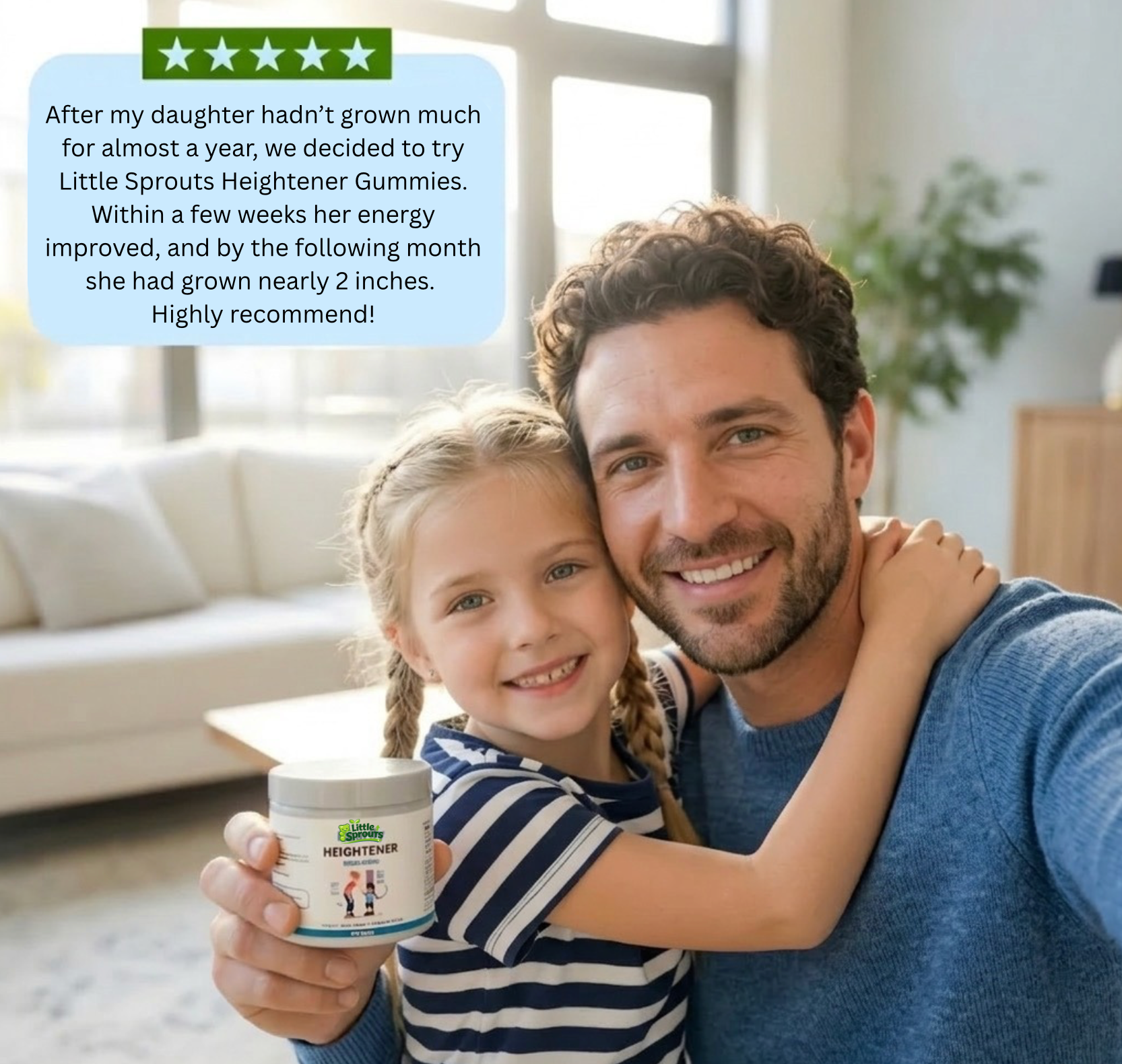 Man and young girl holding a container of Little Sprouts Heighten Gummies in a living room.