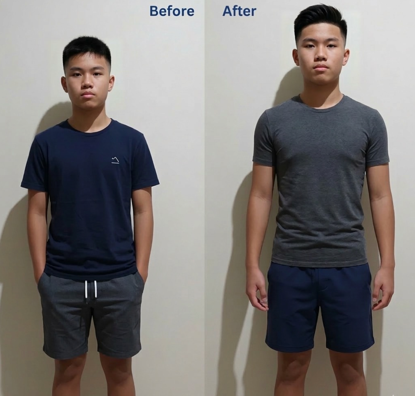 Before and after comparison of a person wearing navy and gray shirts with shorts against a plain background.