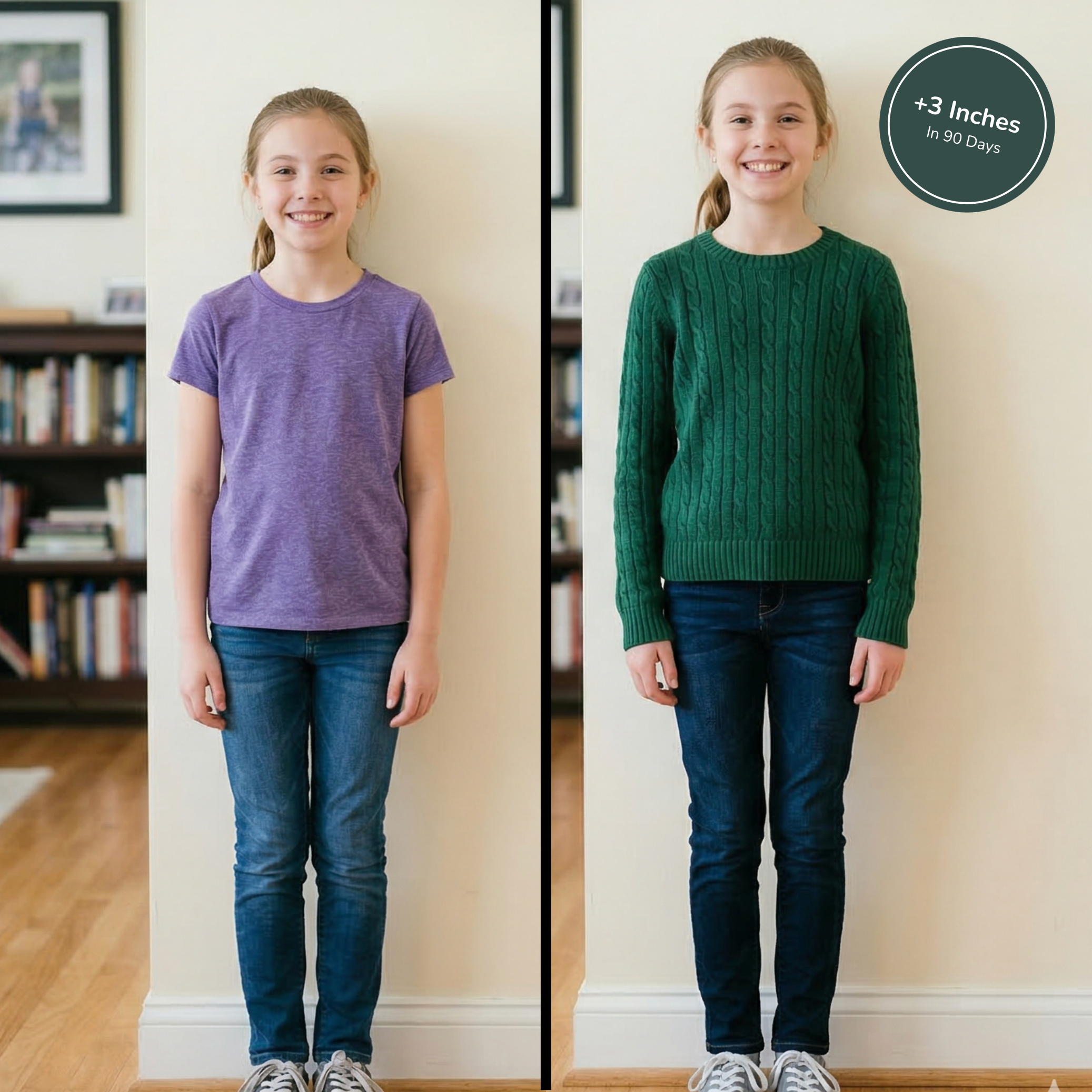 Side-by-side comparison of a girl in a purple shirt and blue jeans on the left, and a green sweater and blue jeans on the right, with text indicating growth progress.