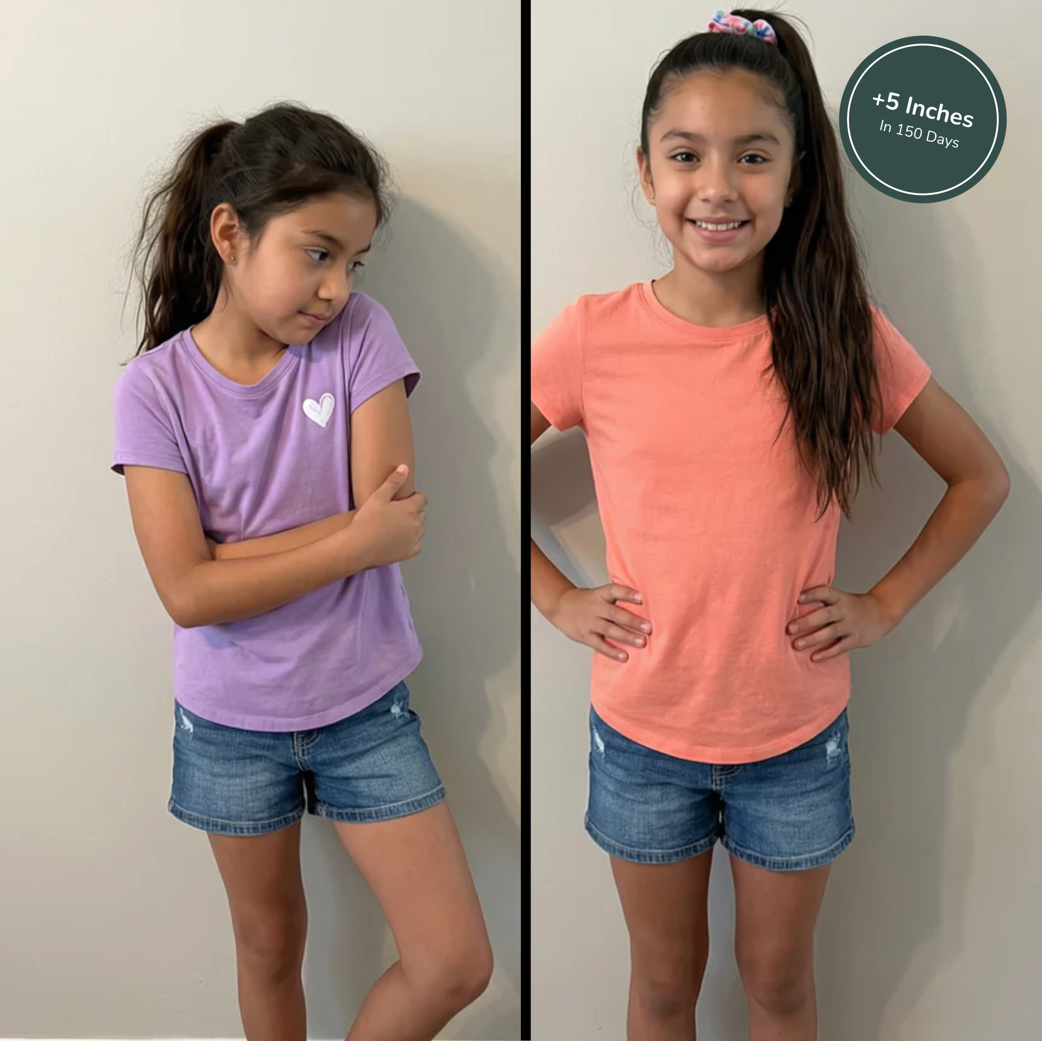Side-by-side comparison of a girl in a purple shirt and denim shorts on the left, and a girl in a peach shirt and denim shorts on the right.