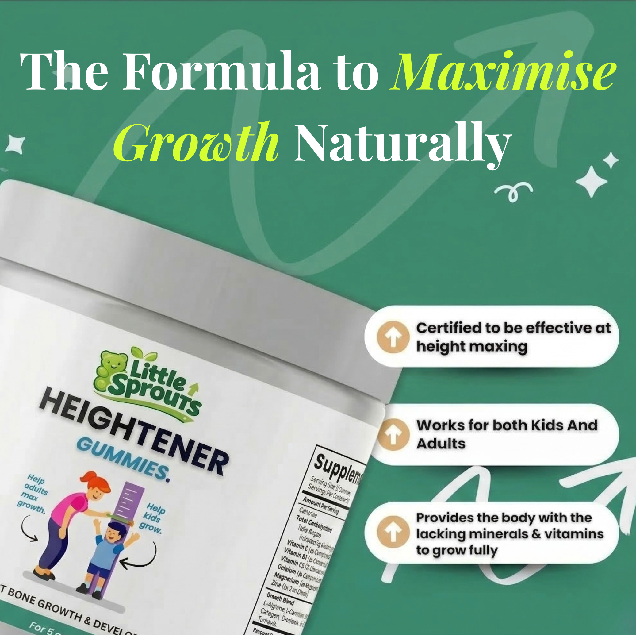 Advertisement for Little Sprouts Heightener Gummies with green background and product packaging.