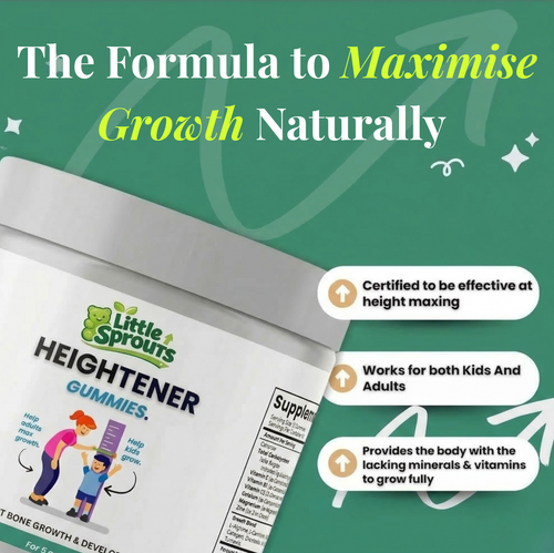 Advertisement for Little Sprouts Heightener Gummies with green background and product packaging.