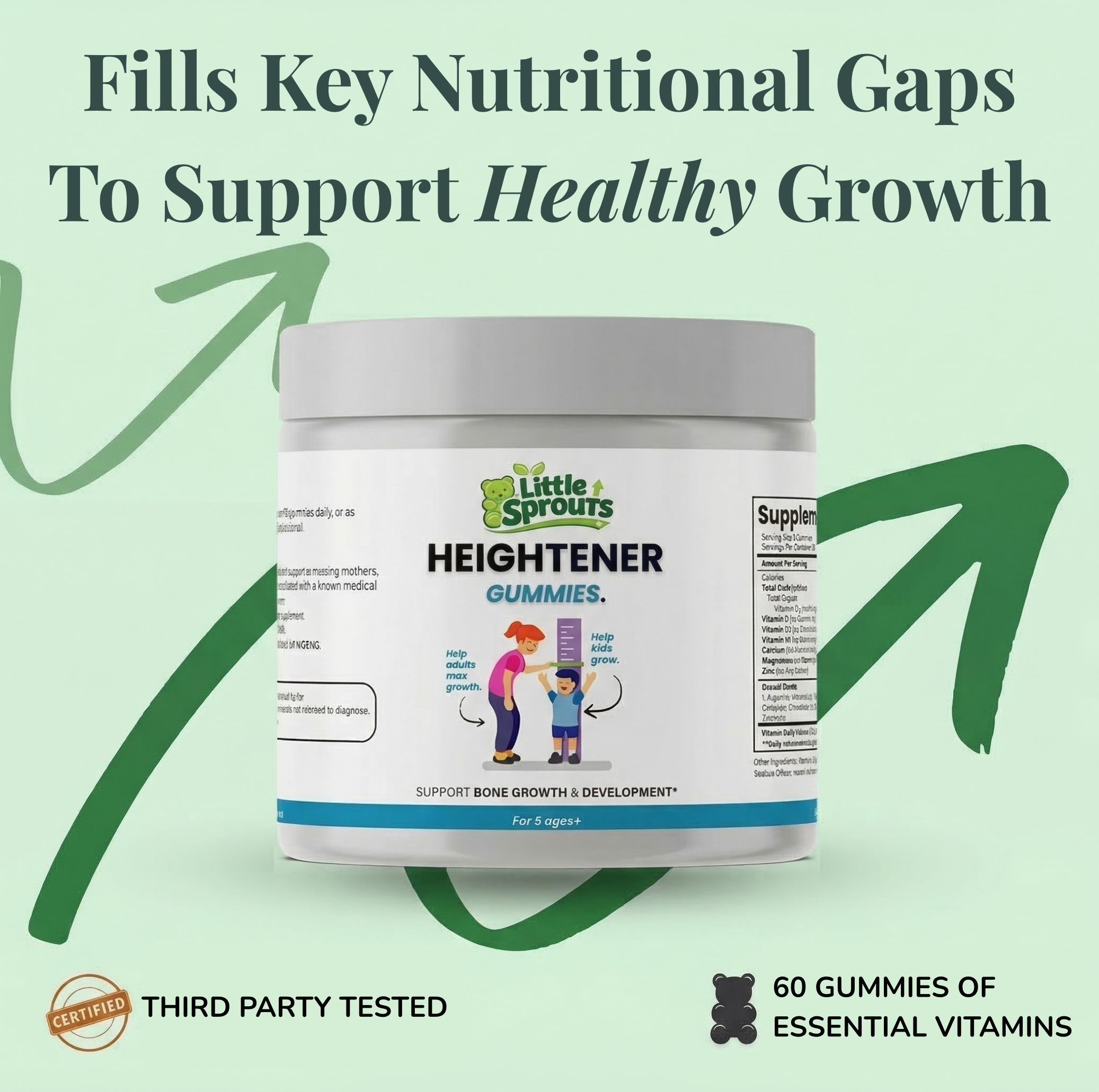 Container of Little Sprouts Heightener Gummies on a light green background with text about nutritional benefits.