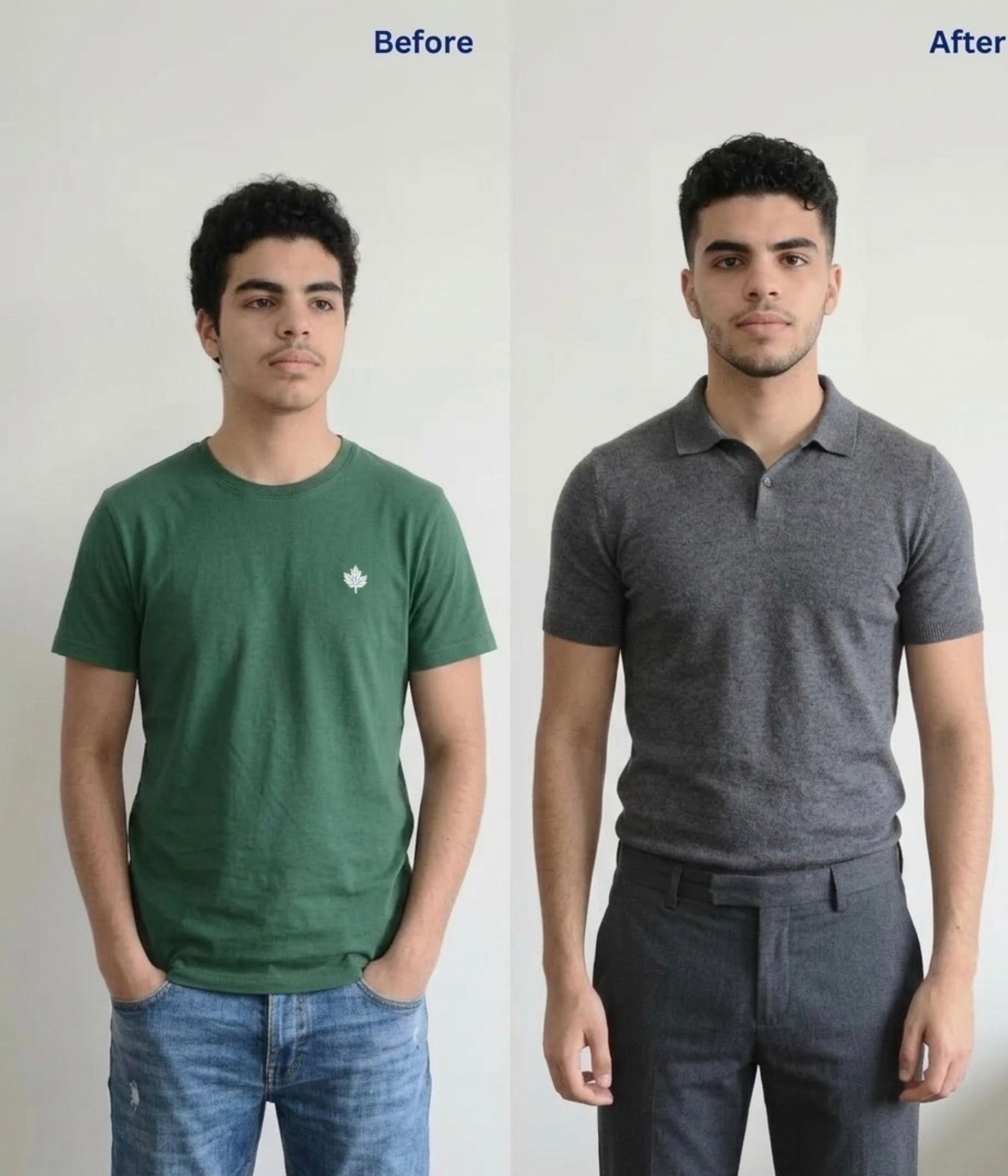 Before and after comparison of a person wearing a green t-shirt and gray polo shirt.